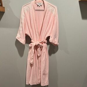 Vintage Christian Dior Carnation Pink Lace-Trim Terry Bath Lounge Robe with Tie